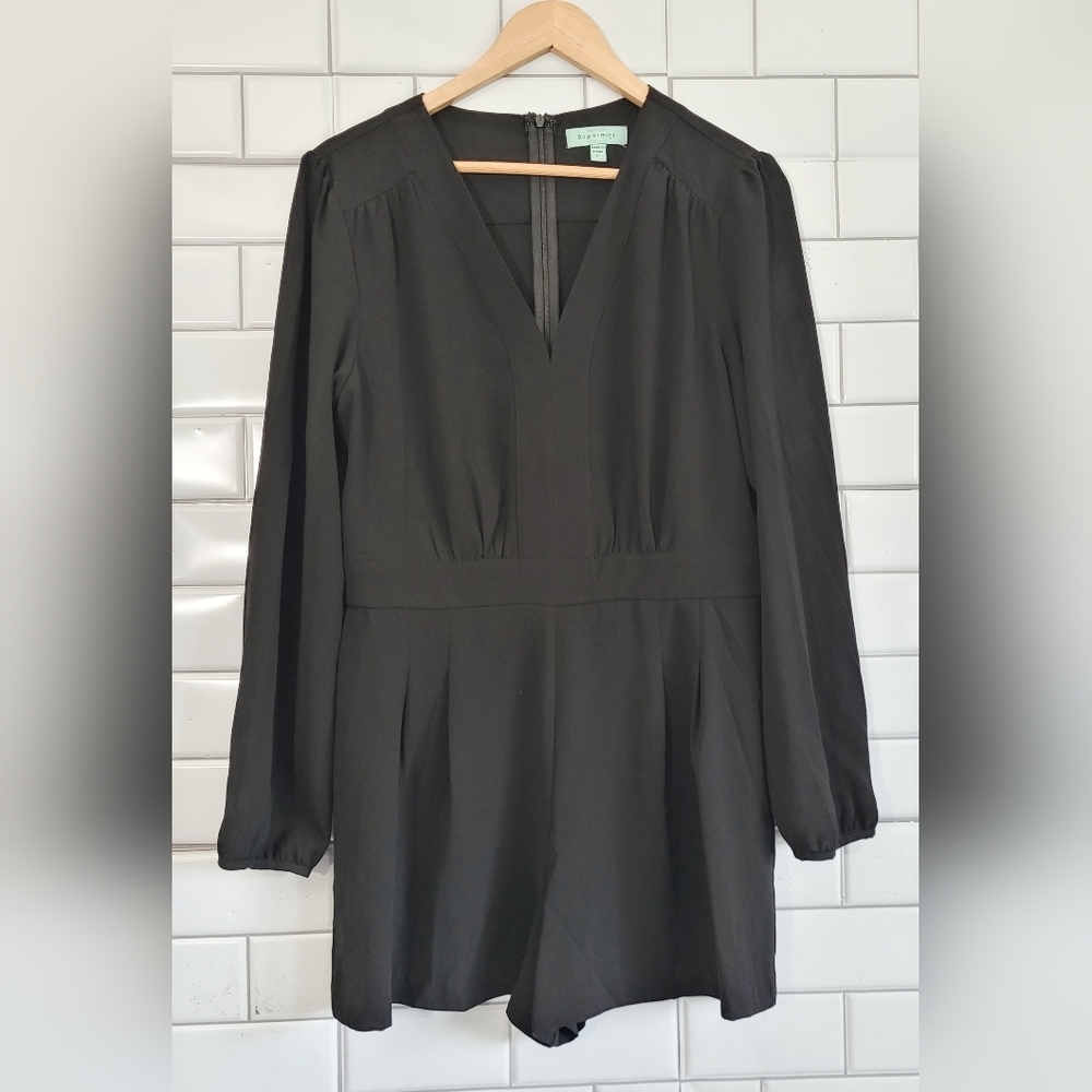 SUGARMINT Ladies Black Long Sleeve Dress Romper Deep V Neck Rear Zip Lightweight
